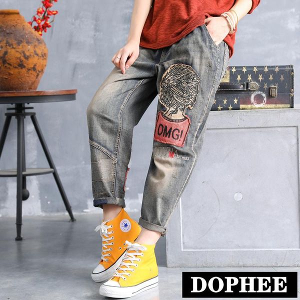 

women's jeans vintage female girl patched loose denim pants water washed mom big size harem trousers, Blue