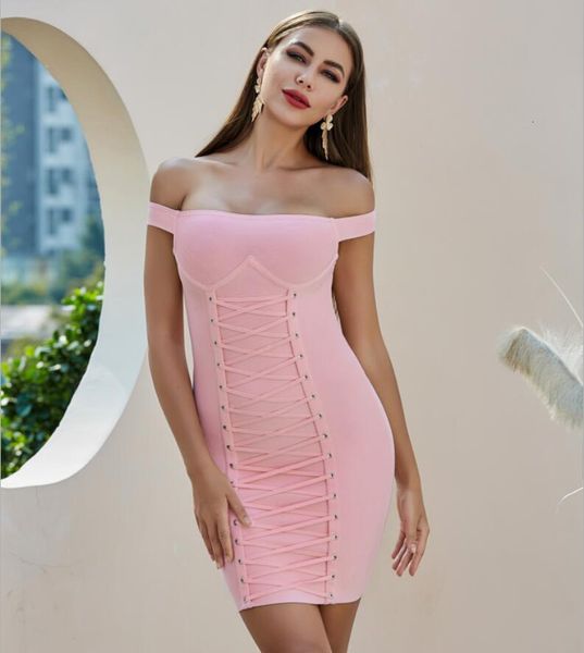 

2021 new summer fashion off shoulder lacing pink bodycon women bandage elegant evening party vestido biyh, Black;gray