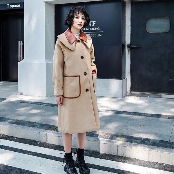 

women's wool & blends woolen coat women autumn/winter 2021 style lapel korean khaki quilted navy collar jacket comfortable casual, Black