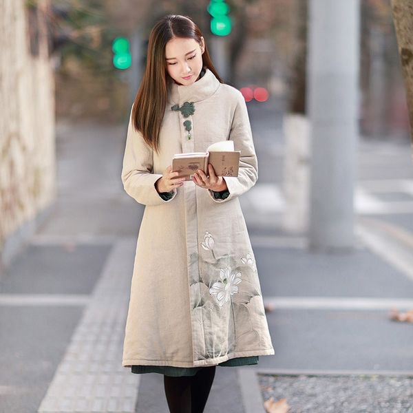 

2021 winter new long sleeve dress women warm robe vintage button chinese style cheongsam thick women cotton-padded parka 11887, Red