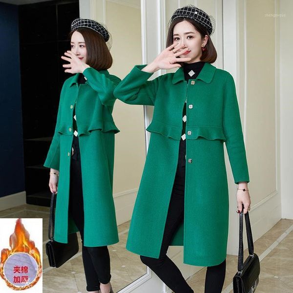 

frilled lapel woolen coat women's mid-length green winter wool & blends, Black