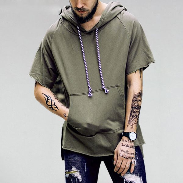 

mens short sleeve pocket hoodies sweatshirts male extended curved hem drawstring hoodie hip hop casual pullover, Black