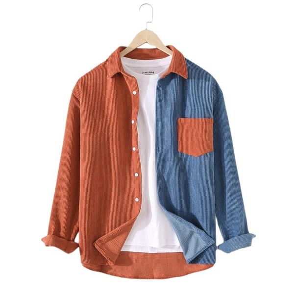 

spring autumn men contrast patchwork casual shirts male corduroy lapel long sleeve pocket shirts youth premium streetwear, White;black
