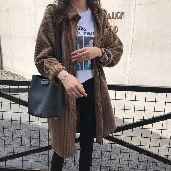 

women's vests spring and autumn style 2021 mid-length section covering the meat slimming all-match loose retro corduroy jacket women, Black;white