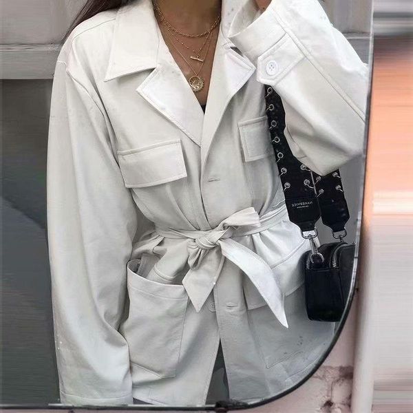 

women's leather & faux autumn and winter street style white versatile thin clothes bandage suit coat, Black