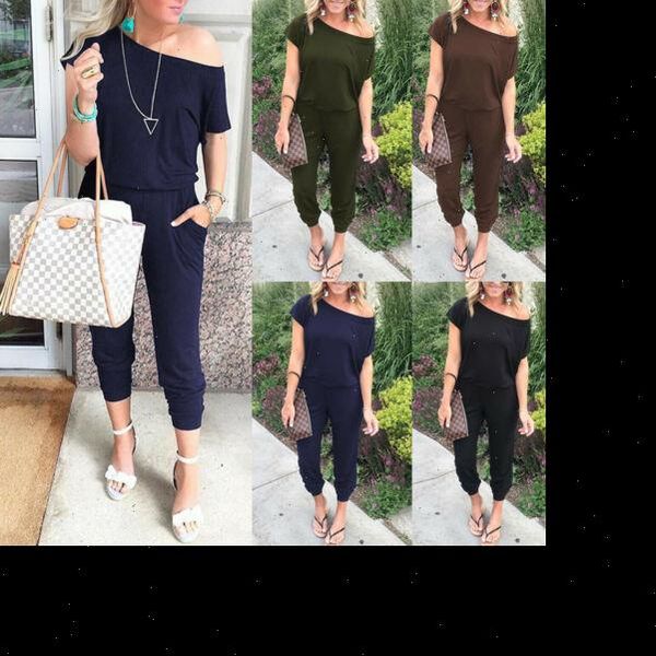 

hirigin womens new shoulder angle short sleeve solid jumpsuit long pant casual leg trouser drop shipping, Black;white