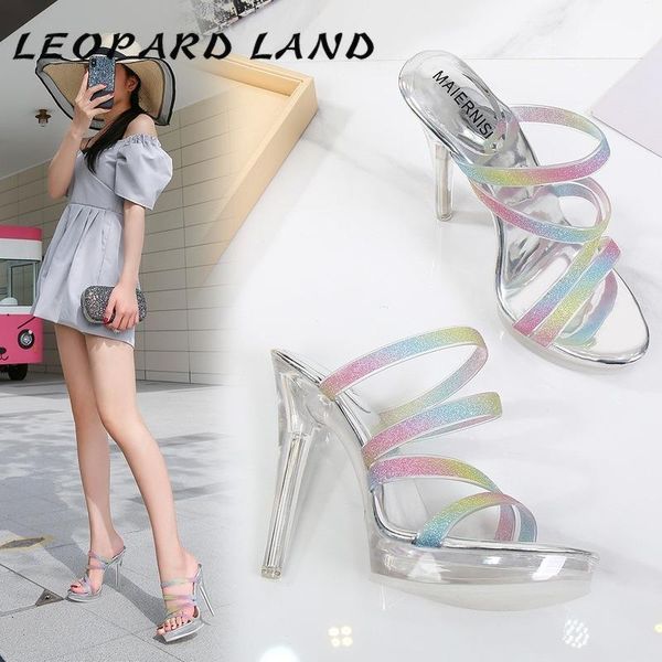 

dress shoes leopard land 2021 summer fashion shallow mouth ribbon high-heeled thin heeled fish casual crystal women's sandals wz, Black