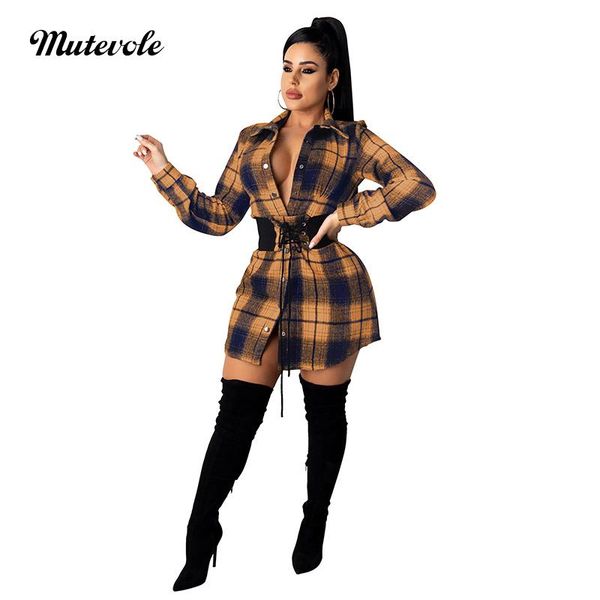 

mutevole women front button plaid mini dress with belt tie up short party dresses turn down collar long sleeve shirt dress, Black;gray