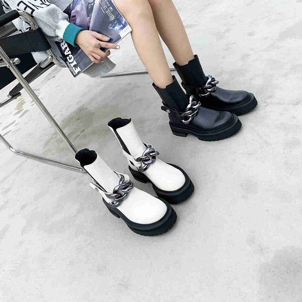 

fashion chain platform ankle boots designer cowhide leather winter women elastic martin short bottes femmes black white