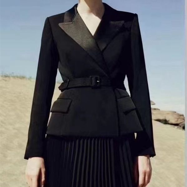 

2021 spring and summer new trend high-end black suit waist stitching chiffon pleated women 5aqd, Black;gray