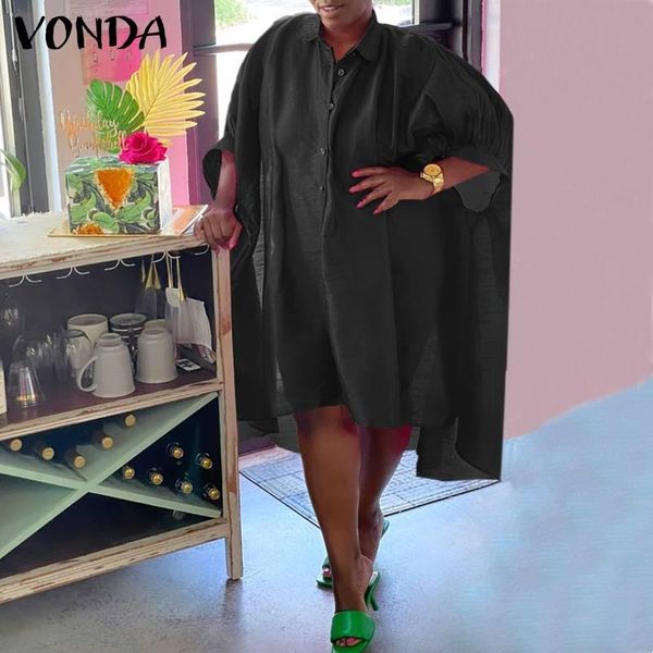 

casual dresses 2021 autumn women button down long shirt dress vonda 3/4 sleeve irregular hem midi bohemian vestidos oversize, Black;gray