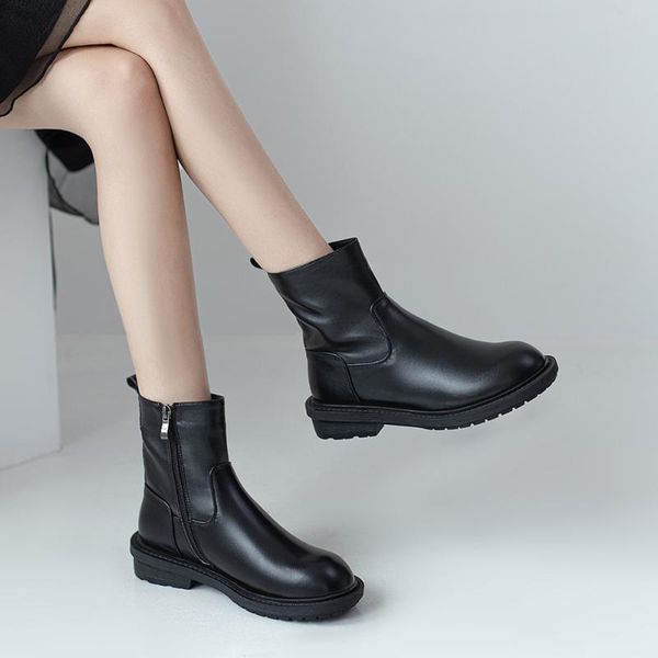 

boots kickway fashion split leather women ankle platform round toe thick heels pumps winter est working shoes woman, Black