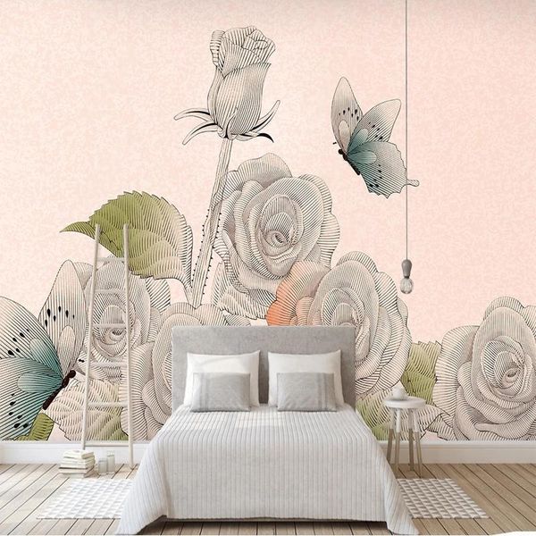 

wallpapers custom po mural 3d hand painted sketch rose flowers butterfly pink wallpaper for living room sofa background wall decoration