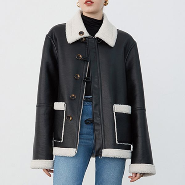 

2021 new winter lambswool both side wear pu leather jacket women loose lapel long sleeve coat single breasted warm outwear o995, Black