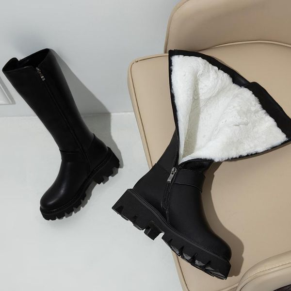 

boots kickway winter warm wool snow for women classic knee-high brand fashion concise genuine leather thick heels 43, Black