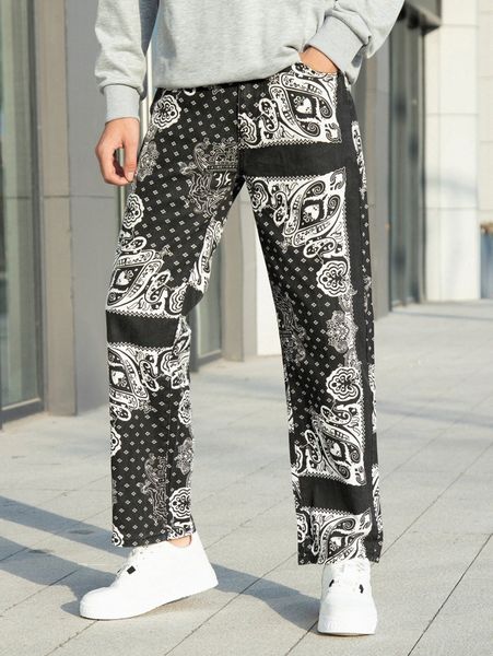 

men paisley print straight leg jeans a9ie#, Blue