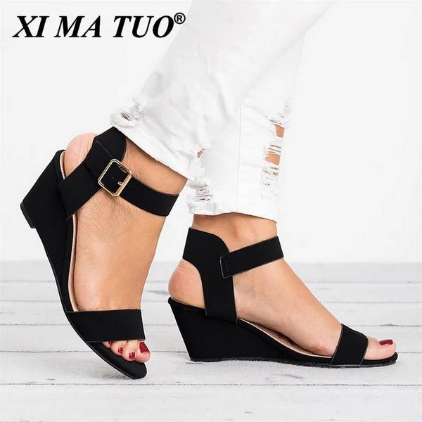 

sandals women's wedge high heel summer 2021 buckle fish mouth flat big size 35-43 bohemian, Black
