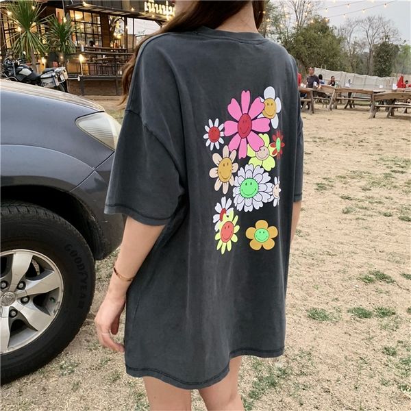 

spring summer floral print loose grey short sleeve t shirts womens tee shirt femme (r4423) 210306, White