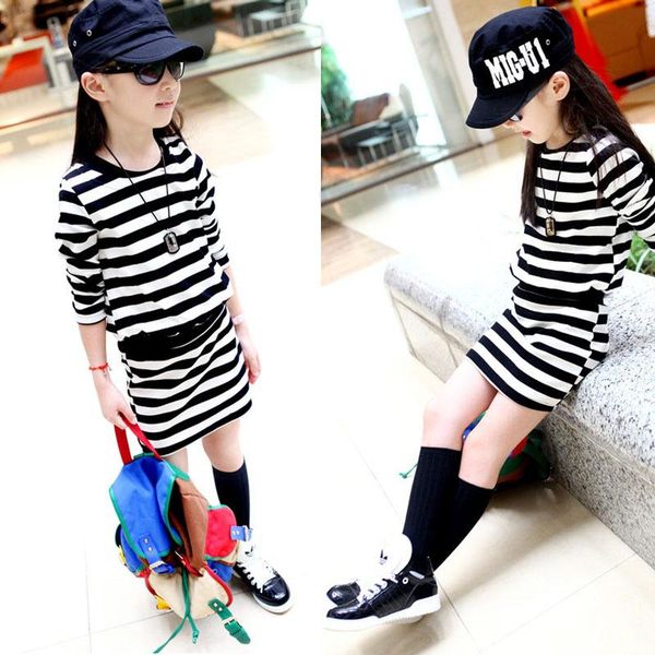 

girl's dresses 4-14 y girl dress spring 2021 long sleeve striped cotton teenage kid girls children clothes, Red;yellow