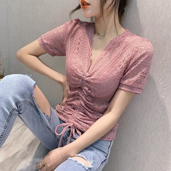 

summer korean clothes t-shirt fashion lace hollow out women ropa mujer shirt lace up all match tees new t04826 t200614, White