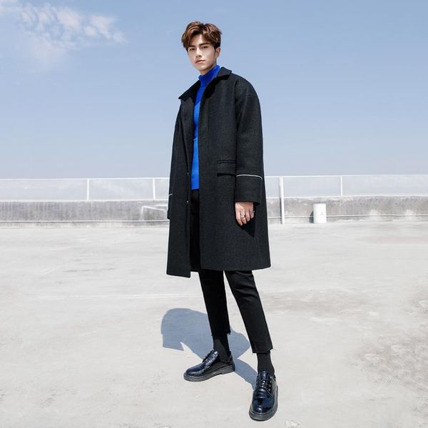 

men's wool & blends 2022 autumn winter long trench coat male cashmere casual loose woolen peacoat windbreaker manteau homme e519, Black