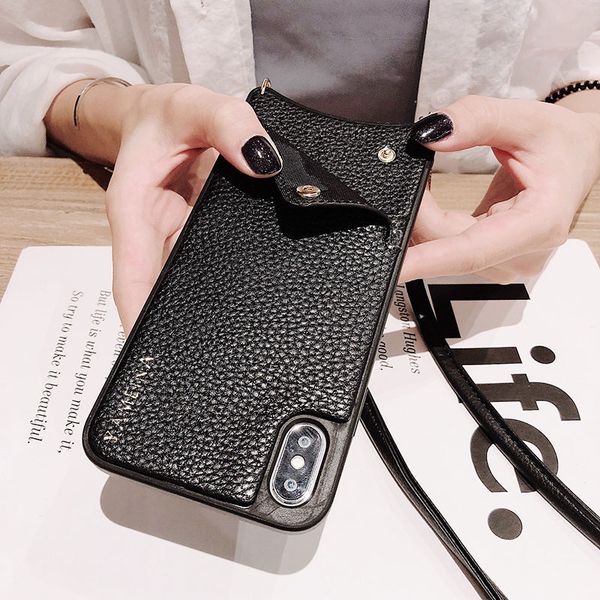 

fashion plain soft leather case for iphone 6 7 8 plus x xs max 11 11pro max with card pocket and straddle rope