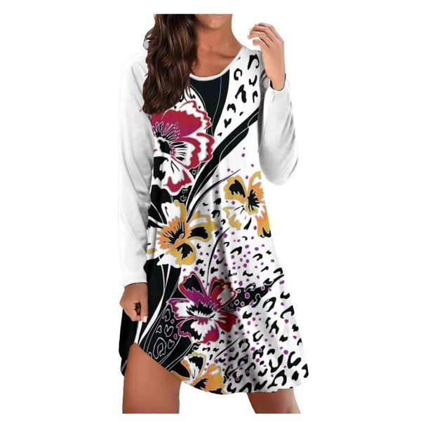 

casual dresses women floral graffiti printed sundress long sleeve round neck loose femininas dress roupas feminina #g3, Black;gray