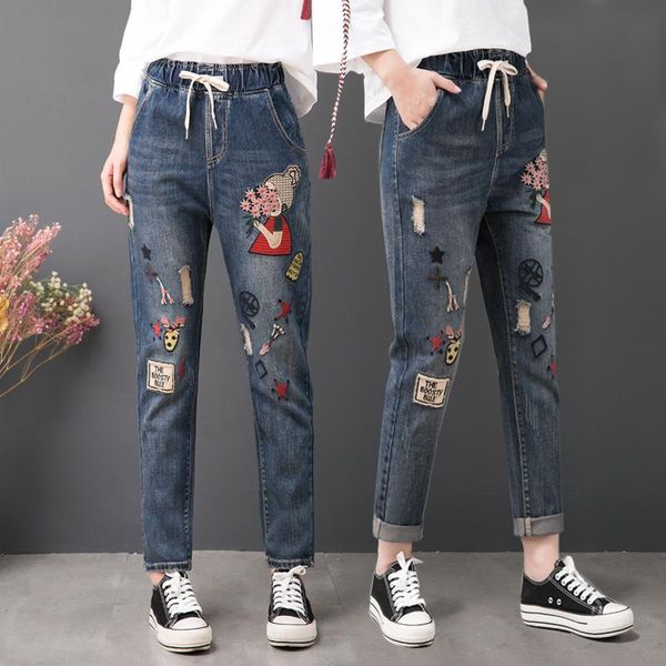 

women's jeans women spring summer fashion korea style vintage elastic waist cartoon embroidery drawstring office lady casual loose pant, Blue