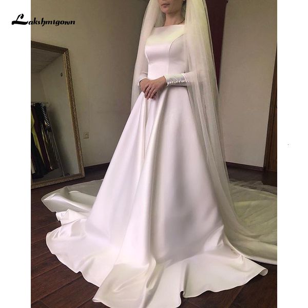 

2021 new simple arabic muslim wedding a line long sleeves with beads lustrous stain bride court train vestido de novia 7tuh, White