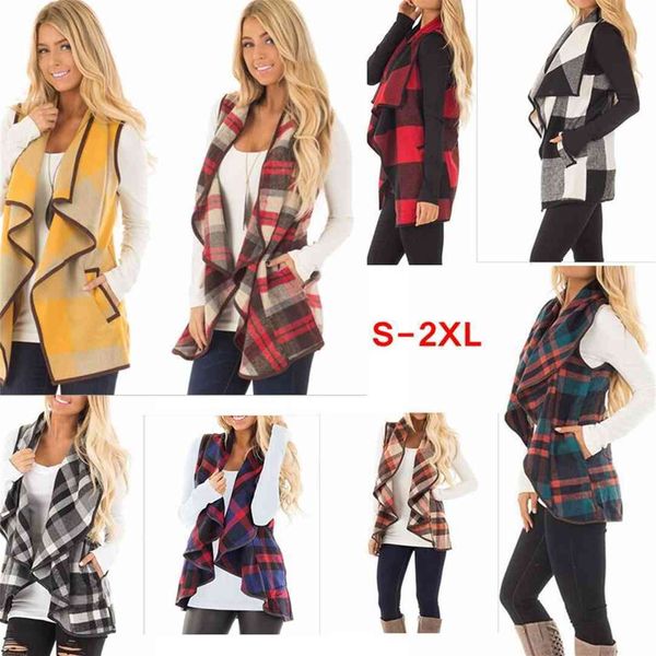 

women lapel plaid cardigan pocket vest coat irregular check sleeveless jacket open front blouse outwear waistcoat tank coat aaa116, Black;white