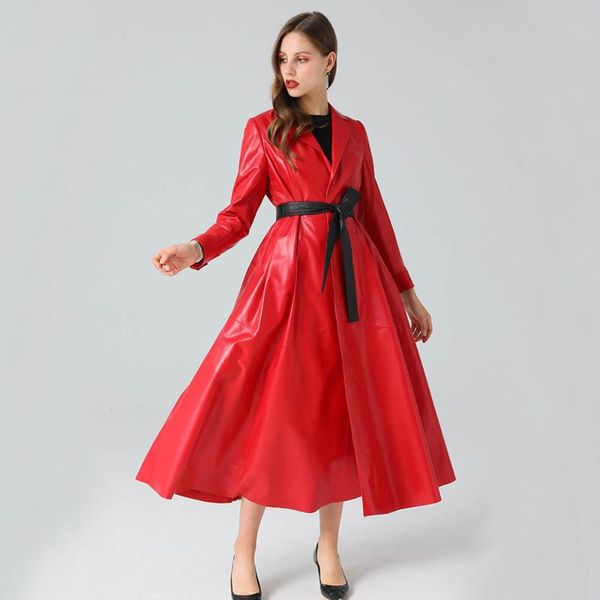 

women's leather & faux slim 2021 autumn big below hem women red genuine clothing natural sheepskin outerwear purple extra long coat, Black