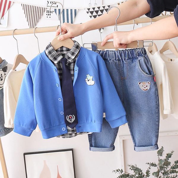 

3pcs kids clothes boys baby coat + shirt + pants fashion clothes soft plaid children clothing sets child outfits birthday party, White