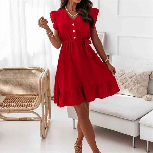 

dress women summer high waist ttie v-neck puff sleeve casual daily wear mini dress leaf button loose big swing dresses, Black;gray