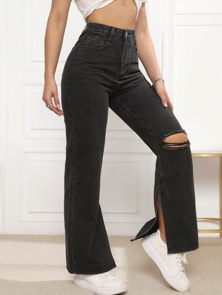 

ripped slit hem flare leg jeans 38uo#, Blue