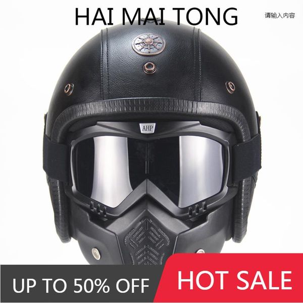 

motorcycle helmets vintage 3/4 leather open face chopper bike helmet moto motocros with visor