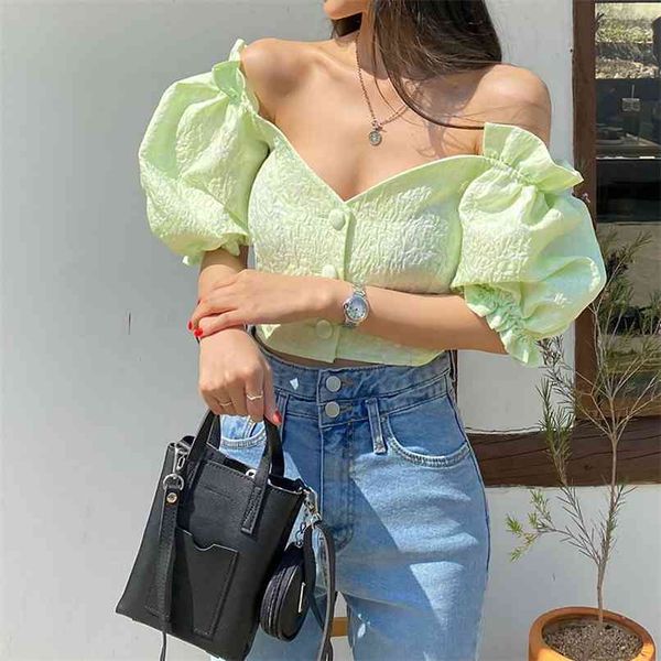 

korea style button short heavy jacquard pattern green blouse wooden ear strapless sweet shirt 210529, White