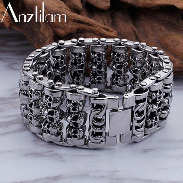 

link, chain 35mm width large personality punk skull bracelet silver color stainless steel bracelets for men women goth jewelry gifts, Black
