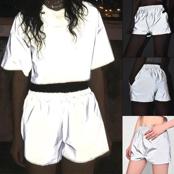 

2021 women set fashion summer flash reflective clubwear shorts high waist luminous shorts silver o neck t-shirt mujer set, Gray