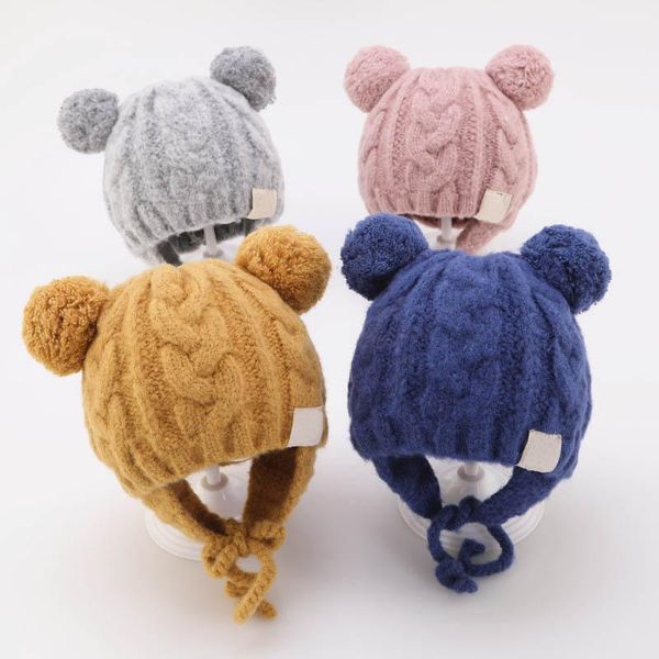 

caps & hats soft double pompom baby hat turban solid color ear protection born knitted cap for girl boy winter warm infant bonnet, Yellow