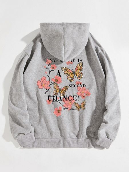 

slogan & butterfly print kangaroo pocket drawstring thermal hoodie w7qa#, White;black