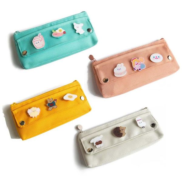 

pencil bags cute canvas case compact and portable simple stationery storage box with badge