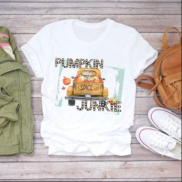 

women cartoon pumpkin truck 90s halloween fall autumn print ladies womens t shirts t shirt graphic female tee t shirt, White