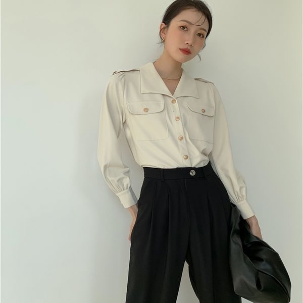 

women's blouses & shirts spring fashion women long sleeve button up shirt gold collar pockets ladies designer and gq6x, White