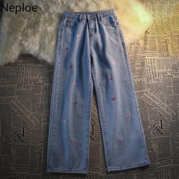 

women's jeans neploe for women vintage heart embroidery casual wide leg pants spring loose high waist pockets straight trousers 4h610, Blue