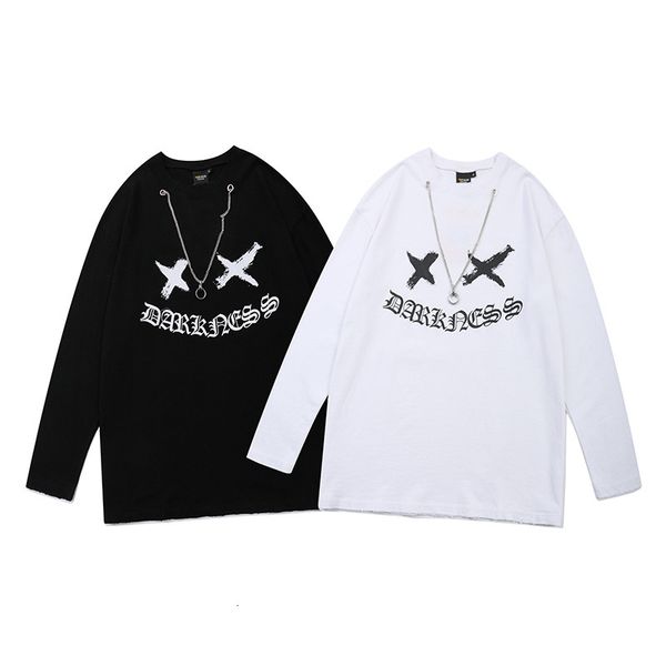 

fashion t shirt guochao chain long sleeve men's brand hip hop oversize loose top, White;black