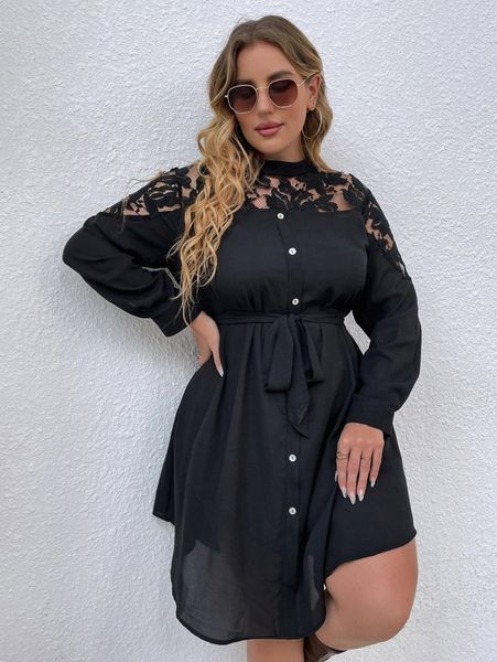

plus lace yoke belted shirt dress e2fx#, Black