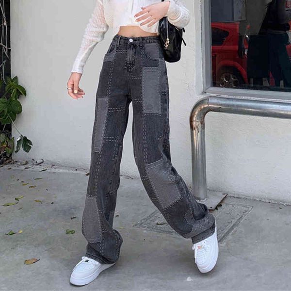

women's jeans denim pants high-waist trousers patchwork ladies casual loose wear sports fall summer bottoms female pant zi3g, Blue