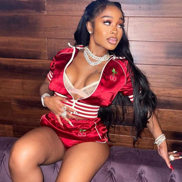 

women's tracksuits 2021 summer women tracksuit two piece set strawberry embroidery zip up crop coat shorts pants patchwork high elasti, Gray