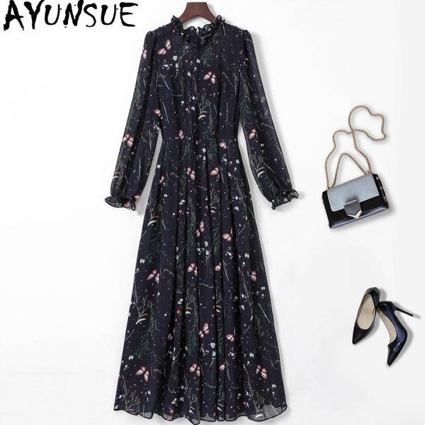 

casual dresses ayunsue spring summer chiffon dress women long fashion floral elegant plus size female korean vestido s11091 j3938, Black;gray