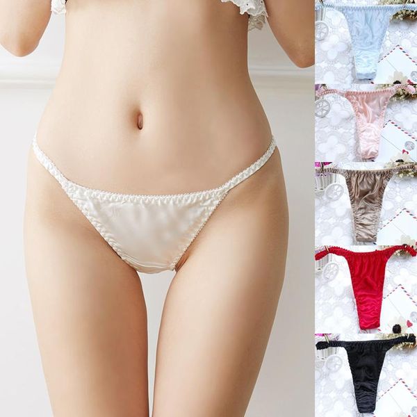 

women's panties mulberry silk low-waist thongs ladies smooth soft breathable underwear trendy pure color briefs, Black;pink